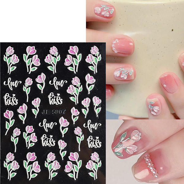 5D Präglade Blomsterblad Nagelkonst Dekaler 10 Ark 5 Stilar