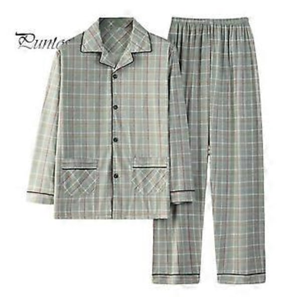 2 stk/sett Herre Pyjamas Sett Rutete Trykk Slag Langermet Enkeltspent Skjorte Elastisk Midje Lange Bukser Sett Løs Passform Loungewear Dress (XXXL lysegrønn)
