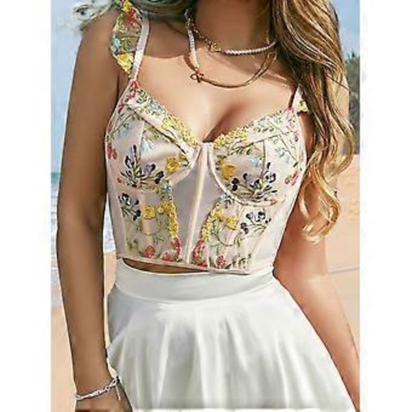 Sexy Bustier for Kvinner med Blomsterbroderi, Crop Top, Push Up, Korsett Topp, BH for Nattklubb, Fest, Rave Antrekk (S)