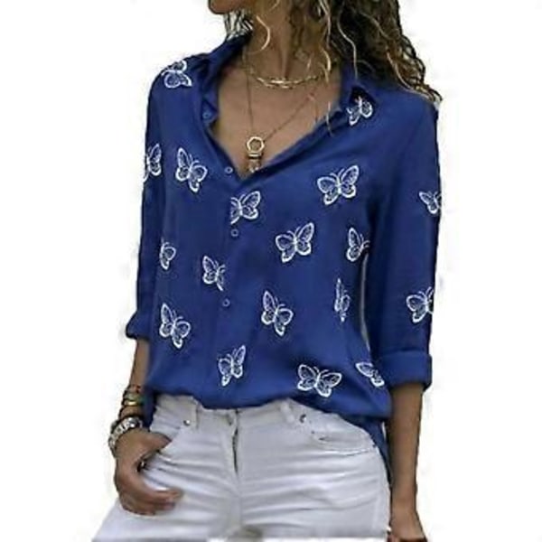 Dame Butterfly Print Skjorte Turn Down Krave Knap Chiffon Bluser Plus Size Langærmede Toppe (XXL hvid)