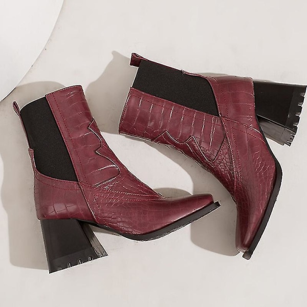 Women Walking Fashion Dress Shoes Casual Animal Print Chunky Heeled Boots High Heels Red EU 36