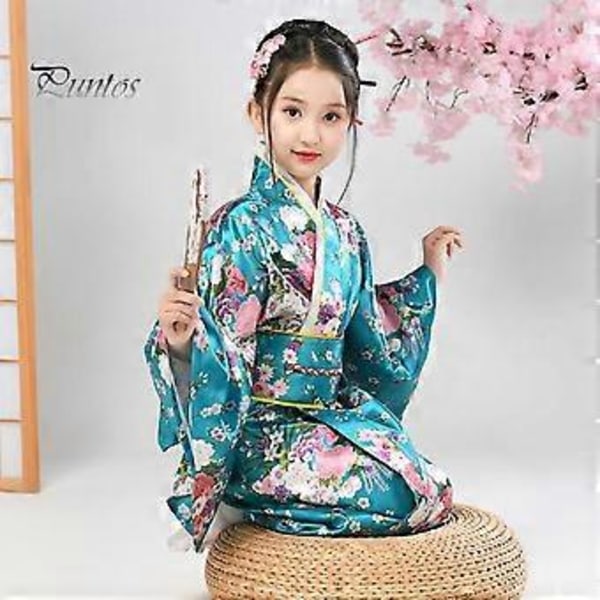 1 Set Japansk Kimono Livfullt Körsbärsblomstryck Lätt att Bära Cosplay Skolföreställningar Kimono för Flickor (120cm blå)