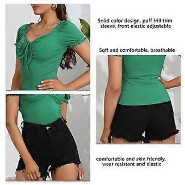 Kvinne Off Shoulder Bluse Dyp V-hals Puff Kort Ermet Halterneck Tie Front Sommer Topper (XL)