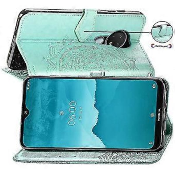Nokia 6.2/Nokia 7.2 Fodral i Läder med Plånboksdesign, Präglad Mandala, Magnetiskt Flippskydd, Stötsäkert - Grön