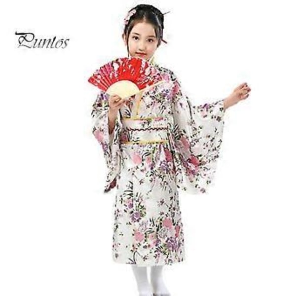 1 Set Japansk Kimono Livfullt Körsbärsblomstryck Lätt att Bära Cosplay Skolföreställningar Kimono för Flickor (120cm vit)