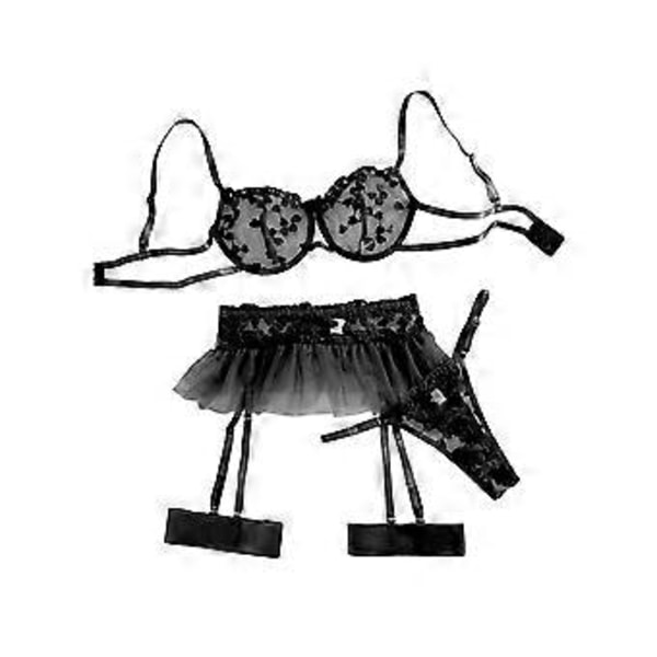 Sexig spetsunderklädesset för kvinnor, 3 delar med genomskinlig mesh-minikjol, strumpeband för kvinnor, G-string strumpebandsbälte (M)