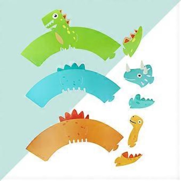 12 Set Cartoon Dinosaur Mönster Cupcake-omslag 3D Pappersbakning Kakdekoration Omslag för Babyshower Födelsedagsfest (3 Mönster)