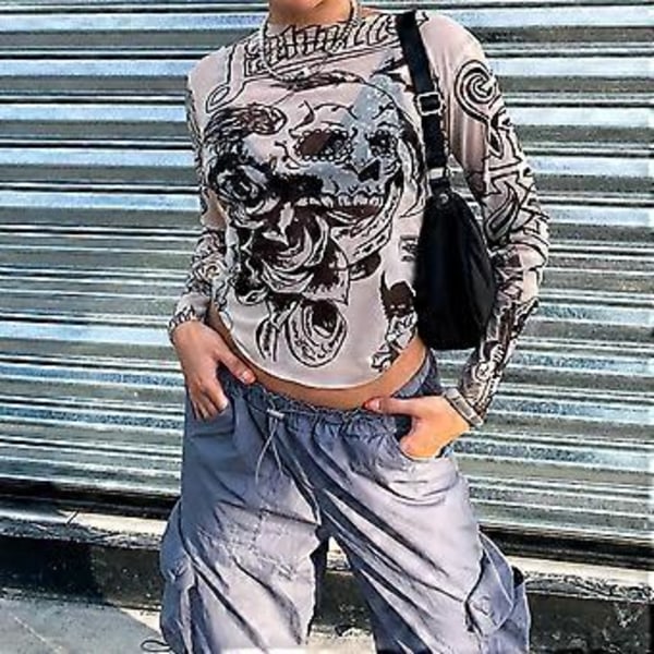 Långärmad Crewneck Topp Kvinnor Vår Sommar Elegant Trendig Slim Fit Tryckt Skjorta Blus För Fest (M)