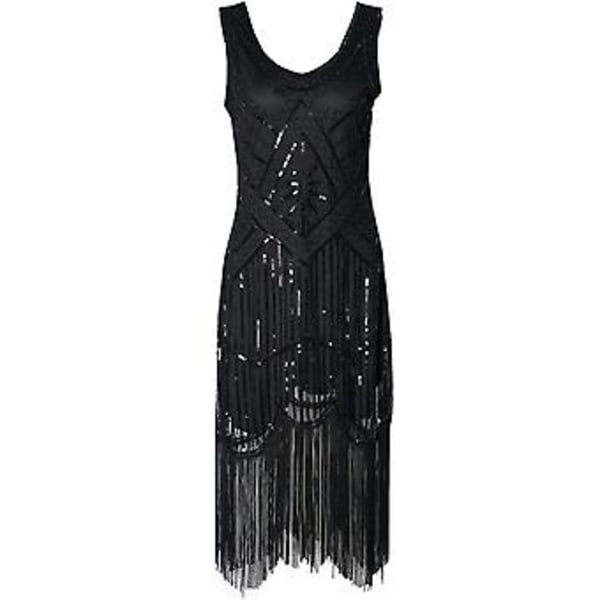 Kvinders 1920'er Flapper Kjole Lang Frynset Great Gatsby Kostume Kjole 20'er Vintage Fest Paljetter Perler Vintage Kjoler (S Sort)