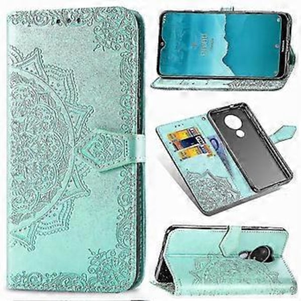 Nokia 6.2/Nokia 7.2 Fodral i Läder med Plånboksdesign, Präglad Mandala, Magnetiskt Flippskydd, Stötsäkert - Grön