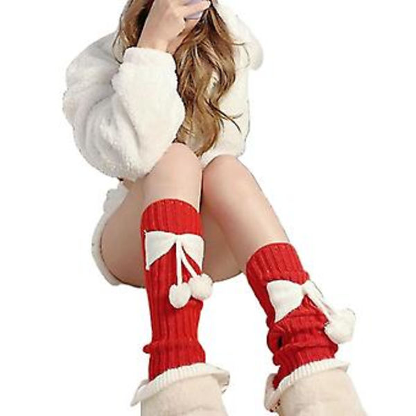 Naisten Ribitetty Neule Söötti Pompom-Jousi Leg Warmer Rypytetty Liehuva Helma Pitkät Sukat (Punainen)