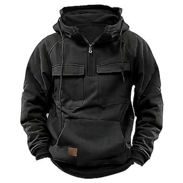 Mænd Efterår Vinter Hoodie Snøretræk Solid Farve Løse Lommer Langærmet Stor Patch Lomme Halv Lynlås Elastisk Manchet Mænd Trøje (3XL Sort)