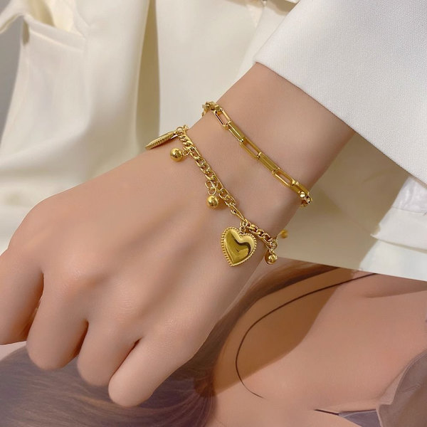 Guld rostfritt stål multikedjor armband med boll och hjärta berlocker för kvinnor