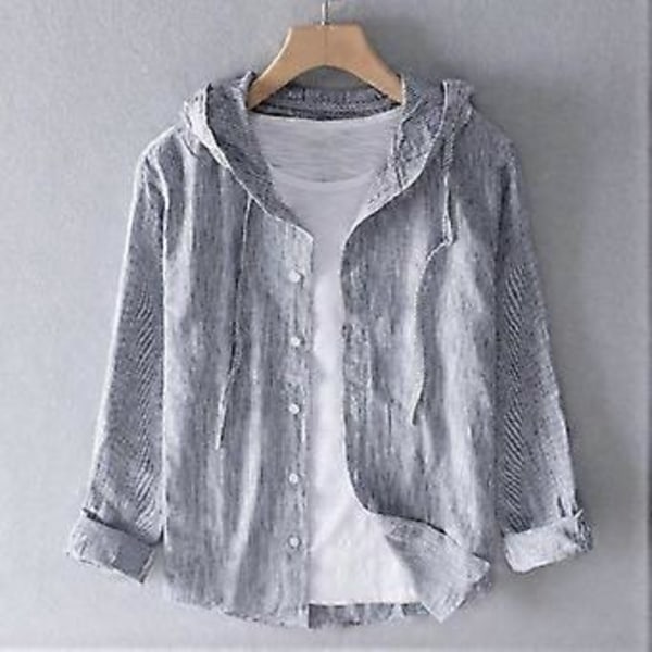 Herre Forår og Efterår Casual Skjorte Stor Størrelse Hættetrøje Solbeskyttelse Stribet Skjorte (2XL blå)