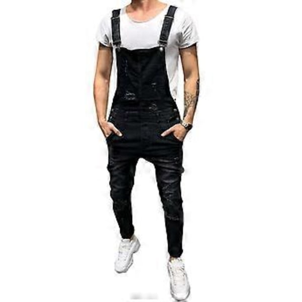 Mænds slidte, revnede jeansbukser, denim dungarees, overalls, bib og seler, arbejdsbukser (2XL Sort)
