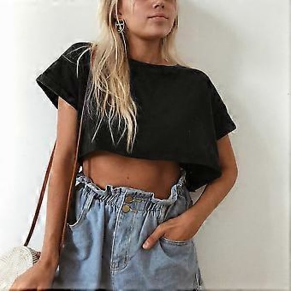 Naisten lyhythihainen crop top -paita, rento midriff-tee pyöreällä pääntiellä (S Musta)