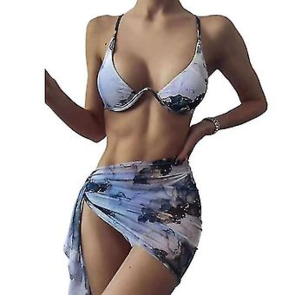 Dam 3-delad Baddräkt String Triangel Bikini Set Med Saronger Cover Up Strandkjol (S)