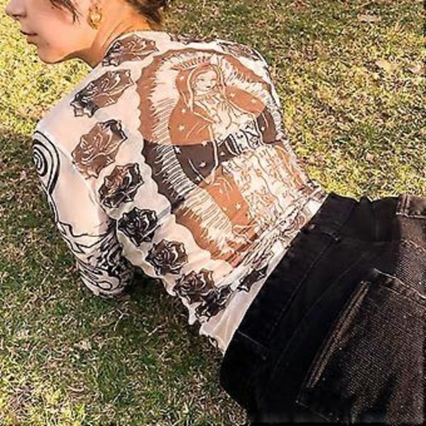 Pitkähihainen Pyöreäkauluksinen Toppi Naisille Kevät Kesä Elegantti Trendikäs Slim Fit Painettu Paita Bloussi Juhliin (M)