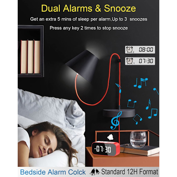Väckarklocka med Bluetooth-högtalare, Digital klocka för sovrum, Väckarklocka för tunga sovare vuxna med dubbla larm, Snooze, Dimbar LED-display.