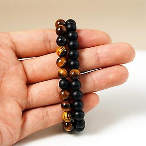 Sett med armbånd for par - Avstand Svart Hvit Naturlig Lava Stein Tigerøye Perler Yoga Armbånd for Menn Kvinner Elastisk Tau Smykker (8mm Lysrød)