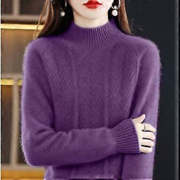 Ren Cashmere Sweater Pullover Dame Efterår og Vinter Halvhøj Krave Ensfarvet Casual Langærmet Strikket Bundtrøje Top (XL lilla)