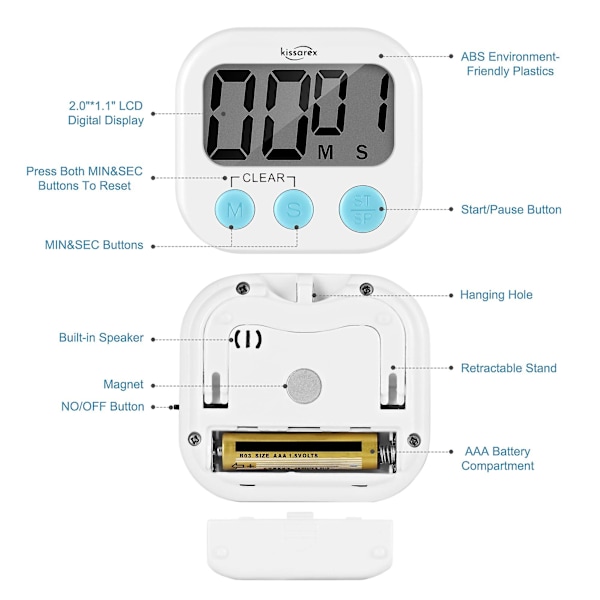 Digitaalinen keittiön ajastin, opettajien luokkahuoneen laskuri, suuri LCD-näyttö, kova magneettinen pidike, yksinkertainen kello（Musta punainen）