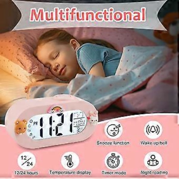 Digital Vekkerklokke med Snooze-funksjon 8 Ringetoner 12/24 Timer, Lett å Bruke Jente Vekkerklokke for Barnerom, Soverom, Stue (Rosa)