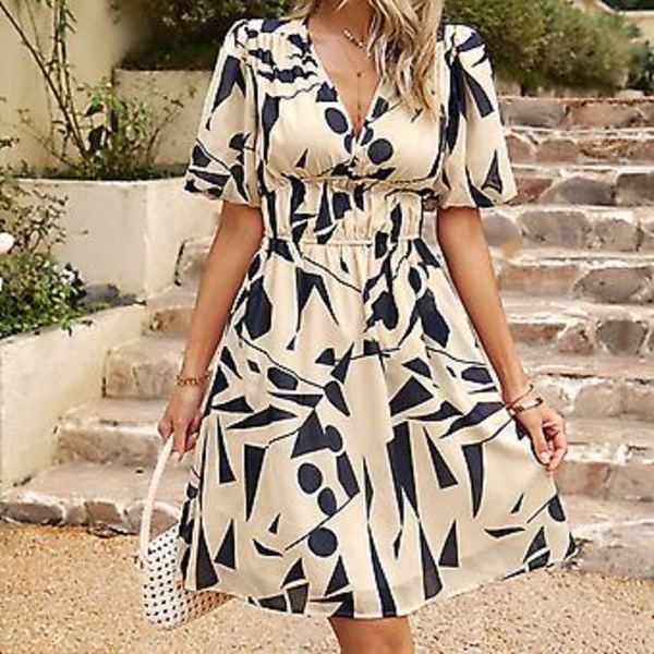 Kvindesommerkjole med høj talje Strandkjole Kvinder Plus Size V-hals Kjole Gave til Mor Kvinde Elsker (Abrikos)