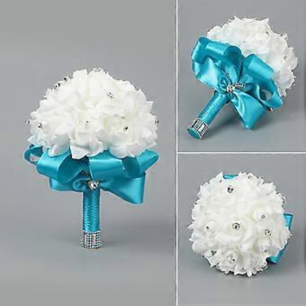 Kunstig Brudebuket, Rosebuket til Brud og Brudepiger med Krystaldiamant Bløde Bånd, Brudepiger Holder Blomster (blå)