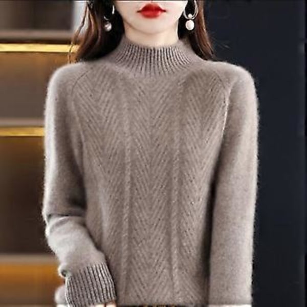 Ren Cashmere Sweater Pullover Dame Efterår og Vinter Halvhøj Krave Ensfarvet Casual Langærmet Strikket Bundtrøje Top (2XL camel)