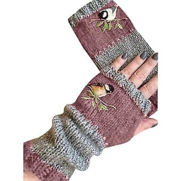 Damernas fågelbroderade handskar, flickors stickade fingerlösa handledsvärmare (Mörkt rosa)