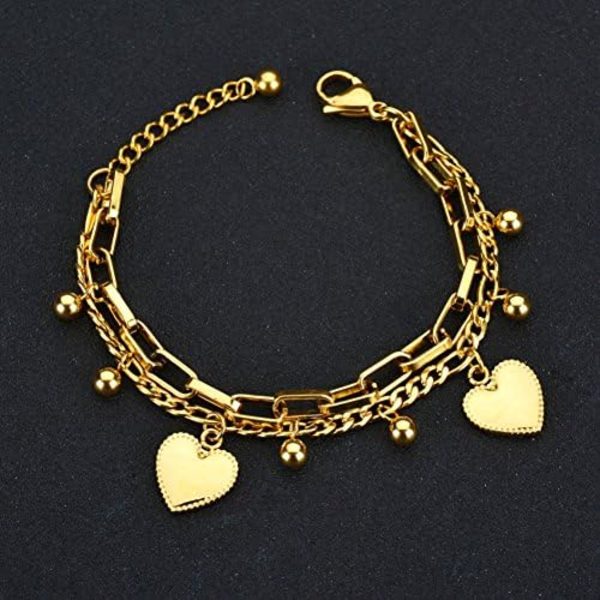Guld rostfritt stål multikedjor armband med boll och hjärta berlocker för kvinnor