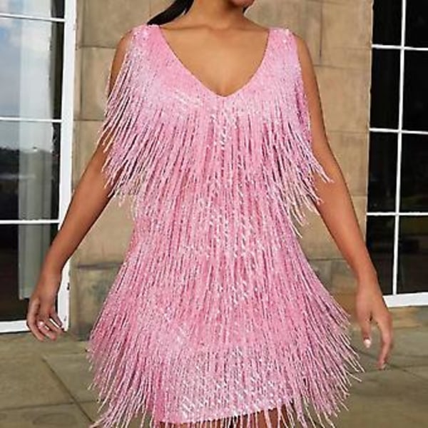 Cocktailkjole til kvinder med dyb V-udskæring, frynser overalt, spaghettistropper, cocktail-aftenminikjole (4XL Pink)
