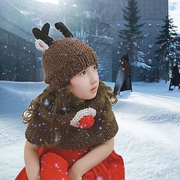 Barn Scarf & Hatt Set, Två-Delad Cartoon Rensa Hjort & Björnunge Ullhatt, Vinter Utomhus Varma Hatt, Liten Björnunge Brun Stil DD