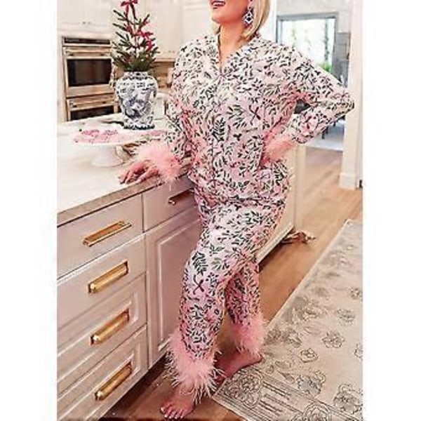 Dam Pyjamas Set med Fjäderkant Långärmad Knappuppslagen Topp Byxor 2-delad Loungeset Satin Pjs Pyjamas Nattkläder (XL Rosa Blad)