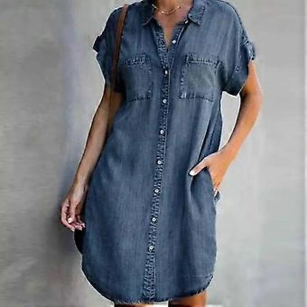 Arrival Sommer Dame Denim Kjole Korte Ermer Løse A-Linje Kjoler S V-hals Solid Denim Kjoler Skjortekjole 17139(M wow)