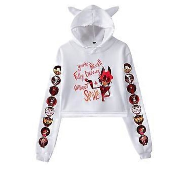 Korte hettegensere Dame Hazbin Hotel Dame Sweatshirt Treningsdress Langermet Kvinnelig Cropped Topp Mote Koreanske Klær Harajuku(XXS hvit)