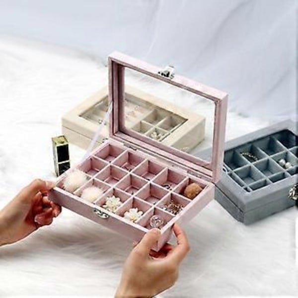 Ny Fløjls Smykkeæske Mode Bærbar Smykke Organizer Opbevaring Stud Øreringe Halskæde Ring Smykke Opbevaring Holder Case (B02 9 gitter)