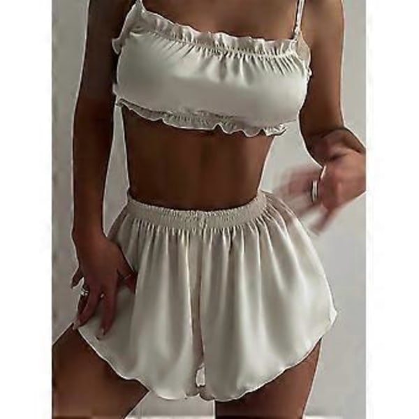 2-delat Pyjamasset för Kvinnor Sexig Vit Cami Topp och Shorts Sovkläder Lounge Set Sött Pyjamasset för Kvinnor (S)