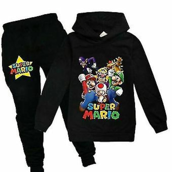 Super Mario Hoodie Topp & Byxa Set Barn Pojkar Flickor Sportkläder Jogging Tracksuits-r (110 (3-4 År) Svart 1)