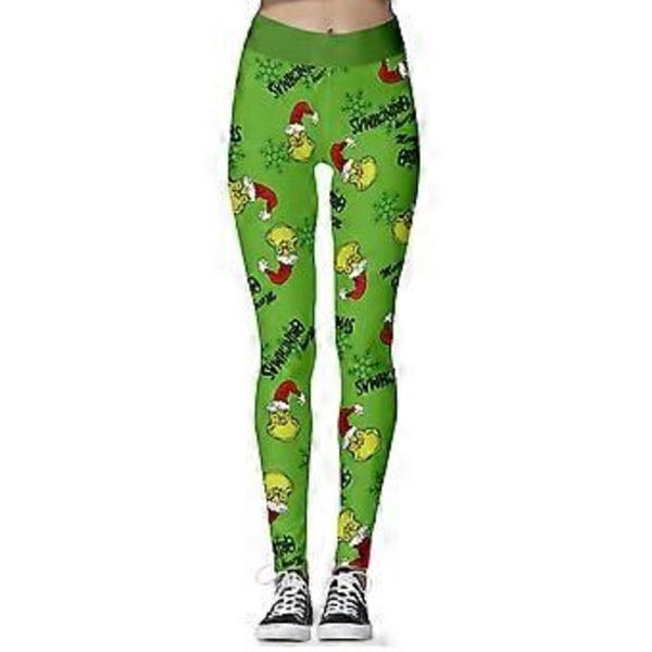 Høyt liv juleleggings for kvinner med striper, Grinch og snøfnuggtrykk (S-XL)