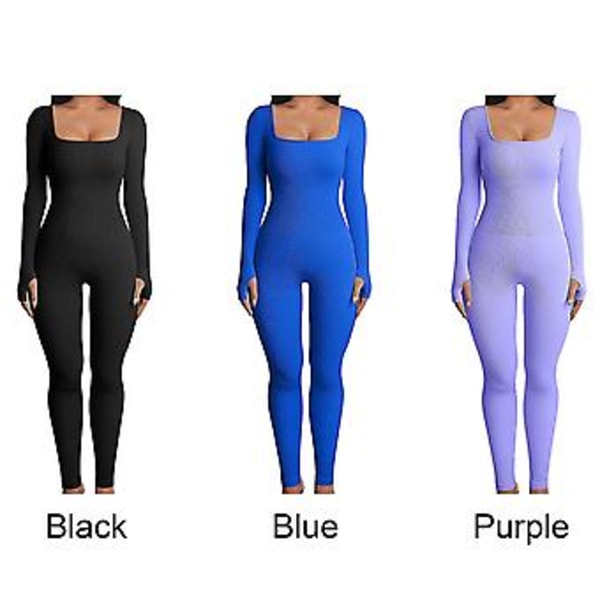 2023 Ny Dam Yoga Jumpsuit Fitness Ribbad Kvadratisk Hals Långärmad Jumpsuit Sport Jumpsuit-r (XL Blå)