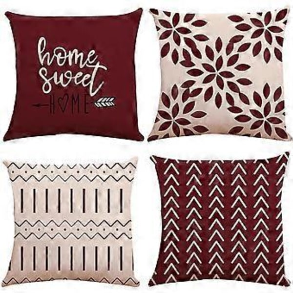 Putetrekk 16x16, Sofaputetrekk, Dekorative Utendørs Linputetrekk Sett med 4 for Sofa Seng (Vinfarget, 16x16, Sett med 4)