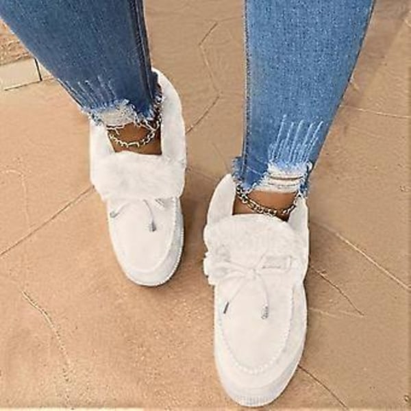 Nyankomne Dame Vintermode Flade Støvler Tykke Varme Platform Snestøvler Slip-on Ankelstøvler til Indendørs/Udendørs (Hvid)
