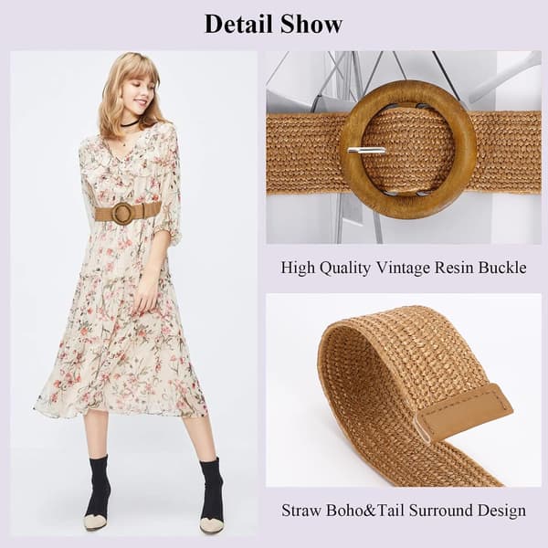 Flettet belte for kvinner, strå, elastisk stretch midjebelte, boho-belter, dame sommer strandkjolebelter