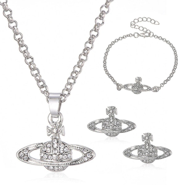 4pcs Crystal Saturn Heart Orb Set Necklace+bracelet+earrings Pendant Chains Gift Silver