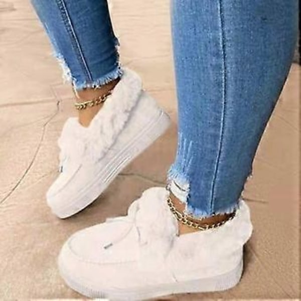 Nyankomne Dame Vintermode Flade Støvler Tykke Varme Platform Snestøvler Slip-on Ankelstøvler til Indendørs/Udendørs (Hvid)