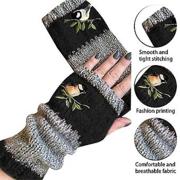 Kvinder Fugle Broderi Handsker Piger Strikket Fingerløse Håndleds Armvarmere (Sort)