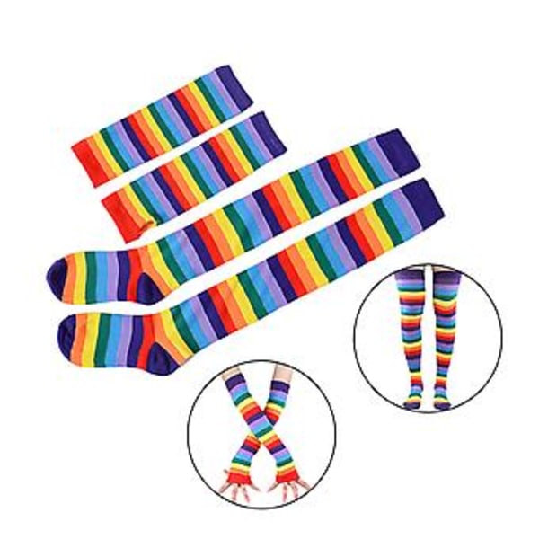 Rainbow-raidallinen juhlapuvun setti, jossa hame, hanskat, sukat, solmio ja henkselit