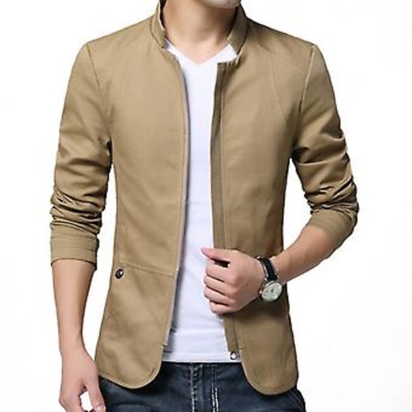 Fianao Casual Mænds Efterår Ensfarvet Stående Krave Lynlås Lommer Tynd Slank Blazer Frakke (XXXXXL Khaki)